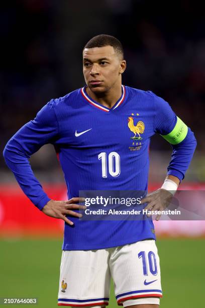 Kylian Mbappe of France looks on during the international friendly match between France and Germany at Groupama Stadium on March 23, 2024 in Lyon,...