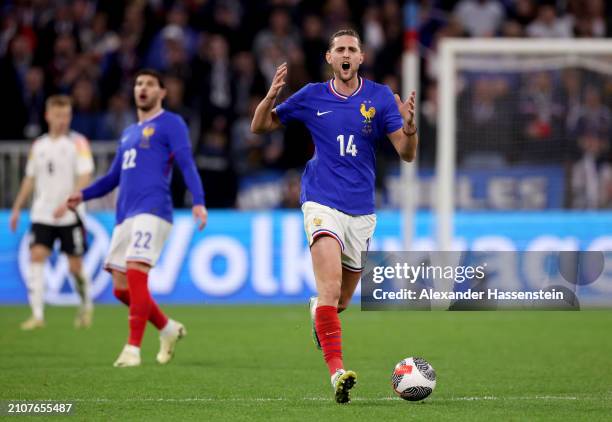 Adrien Rabiot of France reacts during the international friendly match between France and Germany at Groupama Stadium on March 23, 2024 in Lyon,...