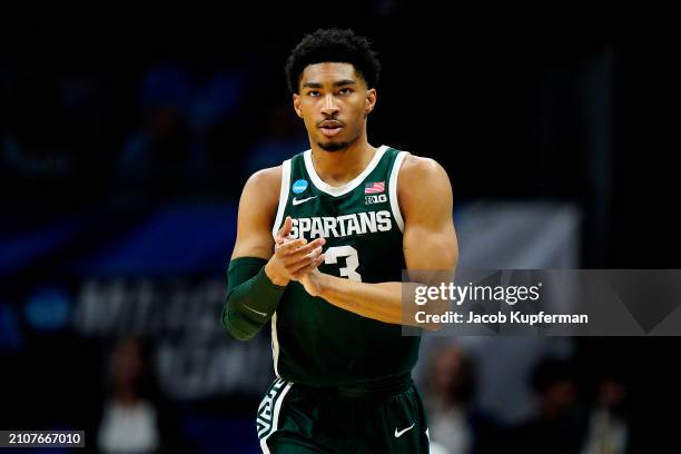 Jaden Akins of the Michigan State Spartans reacts to a play in the first half against the North Carolina Tar Heels in the second round of the NCAA...