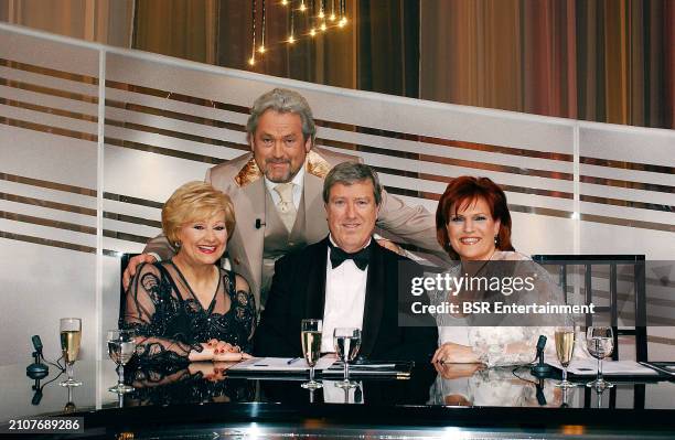 Presenter Ernst Daniel Smid and jury members Wilma Driessen, Ruud van der Meer and Marjolein Touw are seen on the set of the Dutch TROS TV opera...