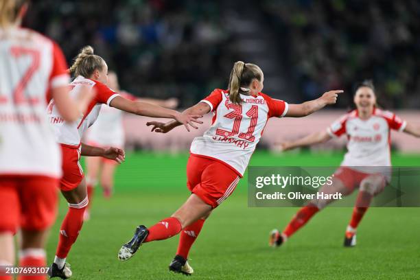 Georgia Stanway of FC Bayern München celebrates after scoring her team's fourth goal during the Google Pixel Women's Bundesliga match between VfL...