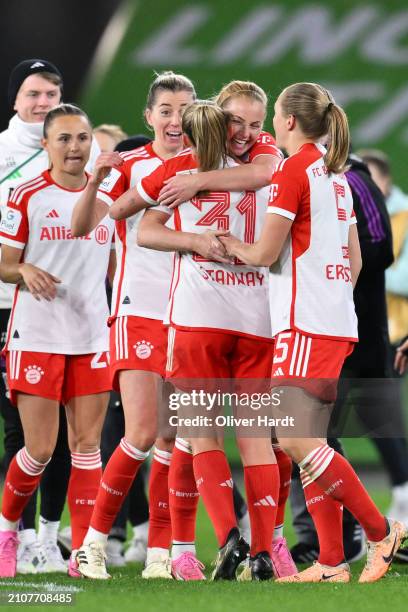 Glodis Viggosdottir and Georgia Stanway of FC Bayern München reacts after the Google Pixel Women's Bundesliga match between VfL Wolfsburg and FC...