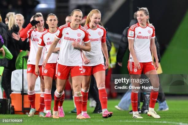 Magdalena Eriksson and b0 of FC Bayern München celebrates after the Google Pixel Women's Bundesliga match between VfL Wolfsburg and FC Bayern München...