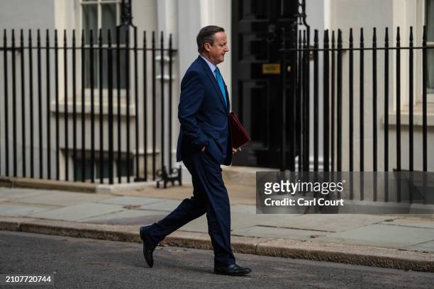 David Cameron, Britain's Foreign Secretary, arrives to attend the weekly meeting of Cabinet ministers in 10, Downing Street on March 26, 2024 in...