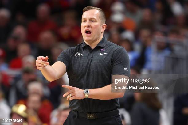 Head coach T. J. Otzelberger of the Iowa State Cyclones reacts during the first half against the Washington State Cougars in the second round of the...