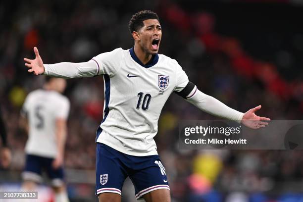 Jude Bellingham of England gestures during the international friendly match between England and Brazil at Wembley Stadium on March 23, 2024 in...