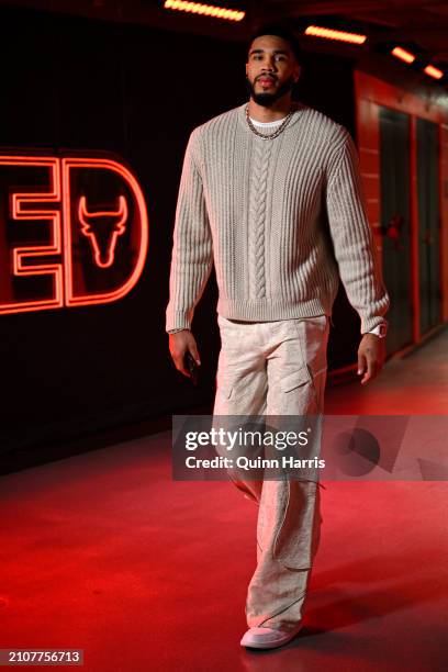 Jayson Tatum of the Boston Celtics enters the building before the game against the Chicago Bulls at the United Center on March 23, 2024 in Chicago,...