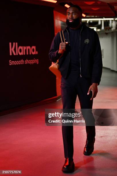 Jaylen Brown of the Boston Celtics enters the building before the game against the Chicago Bulls at the United Center on March 23, 2024 in Chicago,...