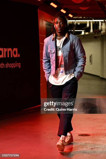 Jrue Holiday of the Boston Celtics enters the building before the game against the Chicago Bulls at the United Center on March 23, 2024 in Chicago,...