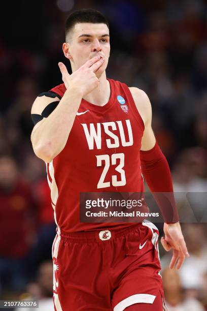 Andrej Jakimovski of the Washington State Cougars reacts during the first half against the Iowa State Cyclones in the second round of the NCAA Men's...