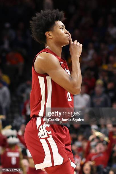 Jaylen Wells of the Washington State Cougars reacts during the first half against the Iowa State Cyclones in the second round of the NCAA Men's...