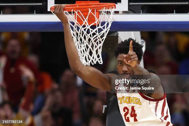 Hason Ward of the Iowa State Cyclones reacts after dunking the ball during the first half against the Washington State Cougars in the second round of...