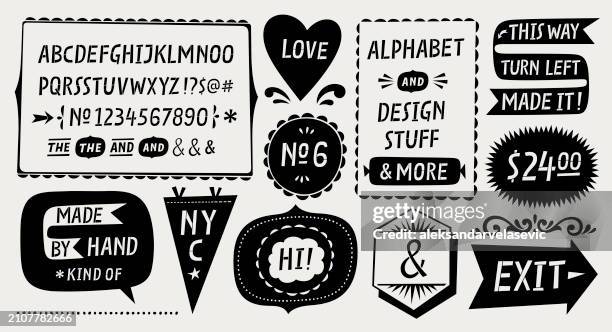 ilustraciones, imágenes clip art, dibujos animados e iconos de stock de alfabeto dibujado a mano con elementos de diseño - banderines