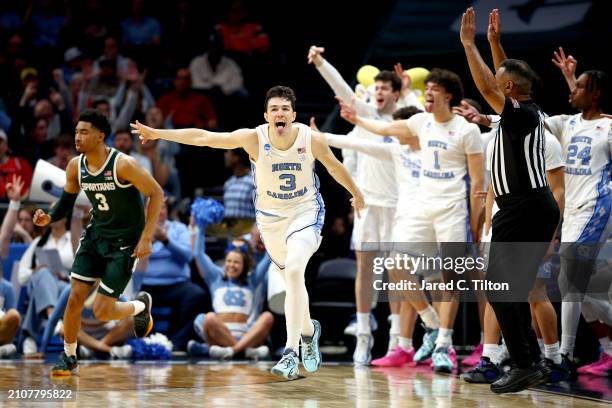 Cormac Ryan of the North Carolina Tar Heels celebrates a three-point basket during the second half against the Michigan State Spartans in the second...