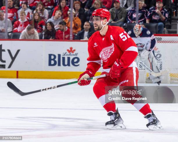 David Perron of the Detroit Red Wings follows the play against the Columbus Blue Jackets during the second period at Little Caesars Arena on March...