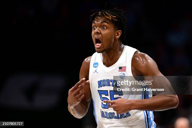 Harrison Ingram of the North Carolina Tar Heels reacts during the first half of the second round of the NCAA Men's Basketball Tournament against the...