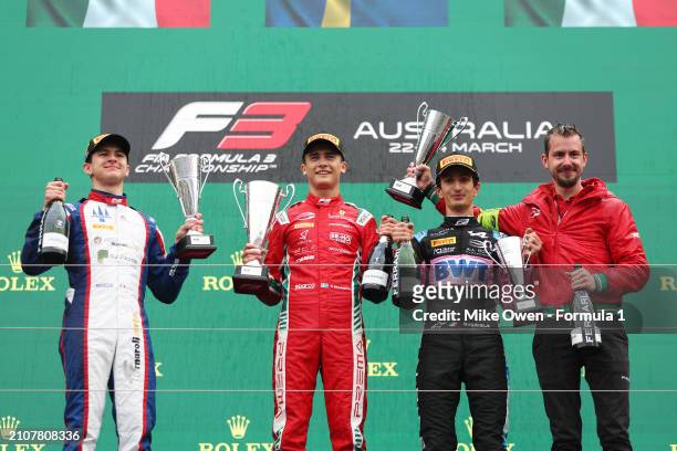 Race winner Dino Beganovic of Sweden and PREMA Racing , Second placed Leonardo Fornaroli of Italy and Trident , Third placed Gabriele Mini of Italy...
