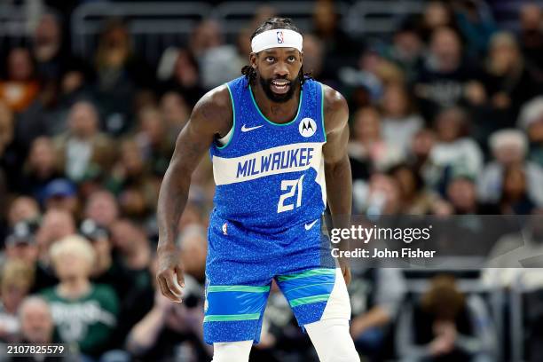Patrick Beverley of the Milwaukee Bucks during the game against the Brooklyn Nets at Fiserv Forum on March 21, 2024 in Milwaukee, Wisconsin. NOTE TO...