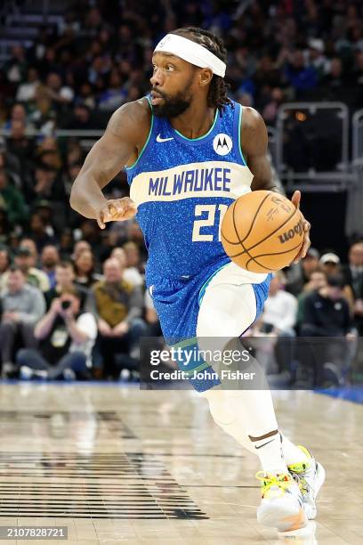 Patrick Beverley of the Milwaukee Bucks drives to the basket during the first half of the game against the Brooklyn Nets at Fiserv Forum on March 21,...