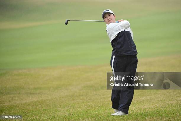 Sakura Koiwai of Japan hits her second shot on the 1st hole during the final round of AXA LADIES GOLF TOURNAMENT in MIYAZAKI at UMK Country Club on...
