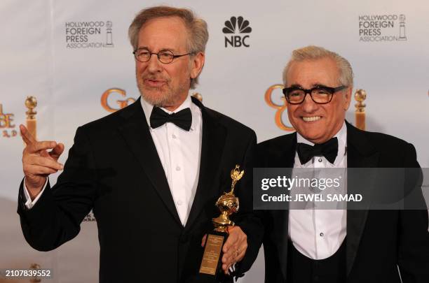 The Cecil B. DeMille award recipient director Steven Spielberg and presenter-director Martin Scorsese pose in the press room at the 66th Annual...