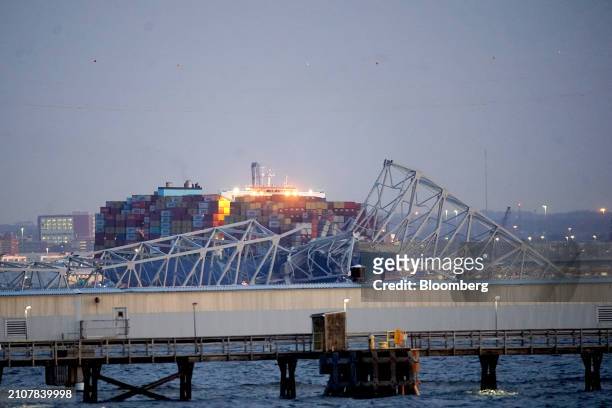 The Dali container vessel after striking the Francis Scott Key Bridge that collapsed into the Patapsco River in Baltimore, Maryland, US, on Tuesday,...