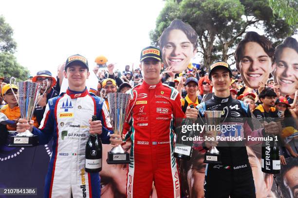 Race winner Dino Beganovic of Sweden and PREMA Racing , Second placed Leonardo Fornaroli of Italy and Trident and Third placed Gabriele Mini of Italy...
