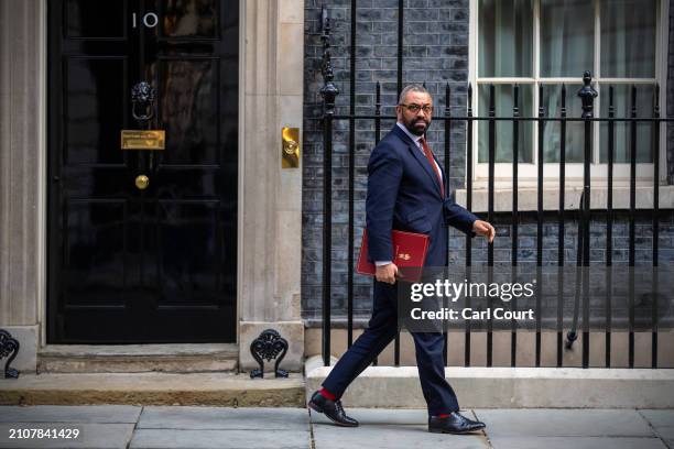 James Cleverly, Britain's Home Secretary, leaves after attending the weekly meeting of Cabinet ministers in 10, Downing Street on March 26, 2024 in...