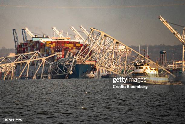 The Dali container vessel after striking the Francis Scott Key Bridge that collapsed into the Patapsco River in Baltimore, Maryland, US, on Tuesday,...