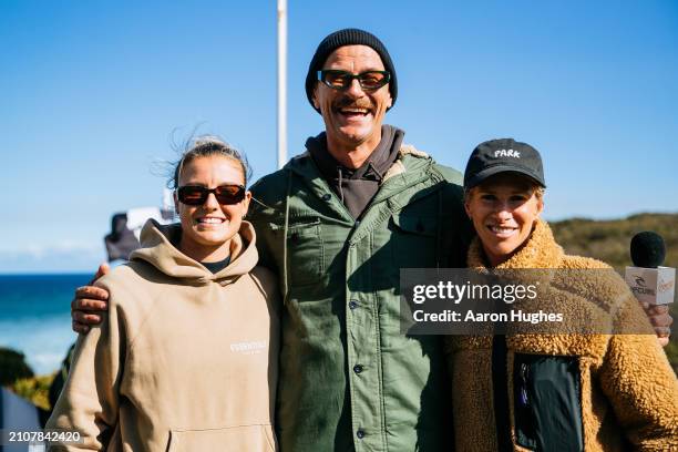 Matildas Players Chloe Logarzo and Elise Kellond-Knight, and WSL Commentator Vaughan Blakey at the Rip Curl Pro Bells Beach on March 26, 2024 at...