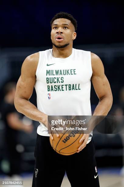 Giannis Antetokounmpo of the Milwaukee Bucks works out before the game against the Brooklyn Nets at Fiserv Forum on March 21, 2024 in Milwaukee,...
