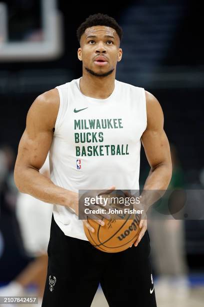 Giannis Antetokounmpo of the Milwaukee Bucks works out before the game against the Brooklyn Nets at Fiserv Forum on March 21, 2024 in Milwaukee,...