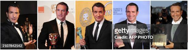 This combination of pictures created from AFP file images on February 27, 2012 shows French actor Jean Dujardin holding his Oscar Best Actor Award,...