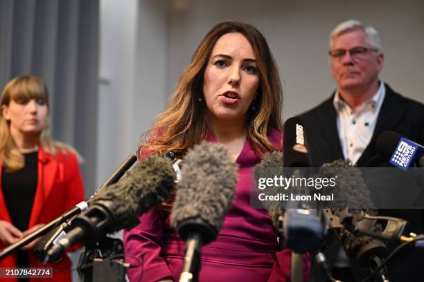 Stella Assange, the wife of Julian Assange speaks to the media at Doughty Street Chambers after a decision on Julian Assange's extradition appeal has...