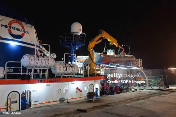 The Mare Jonio ship of the NGO Mediterranean Saving Humans is seen before disembarking the migrants. The Mare Jonio ship of the NGO Mediterranean...
