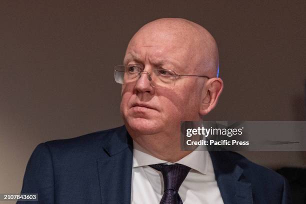 Ambassador Vassily Nebenzia of Russia seen after failed procedural vote on Security Council meeting requested by Russia at UN Headquarters. Russia on...