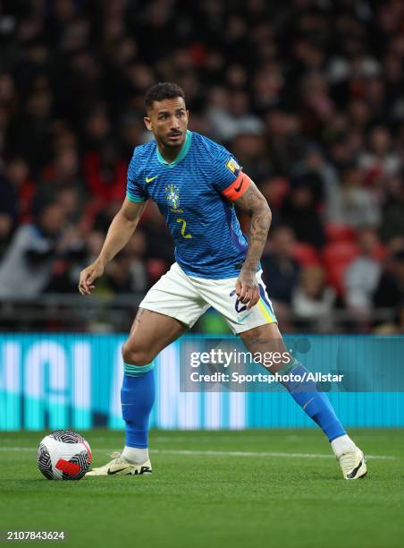 Danilo of Brazil on the ball during the international friendly match between England and Brazil at Wembley Stadium on March 23, 2024 in London,...