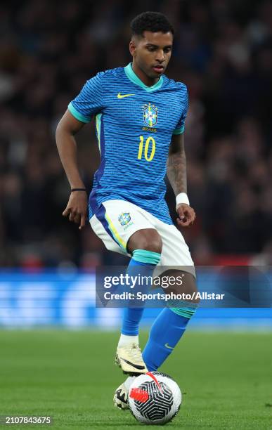 Rodrygo of Brazil on the ball during the international friendly match between England and Brazil at Wembley Stadium on March 23, 2024 in London,...