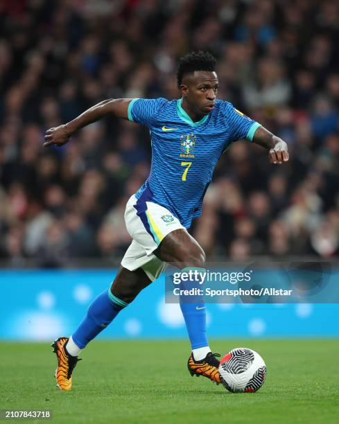 Vinicius Junior of Brazil on the ball during the international friendly match between England and Brazil at Wembley Stadium on March 23, 2024 in...