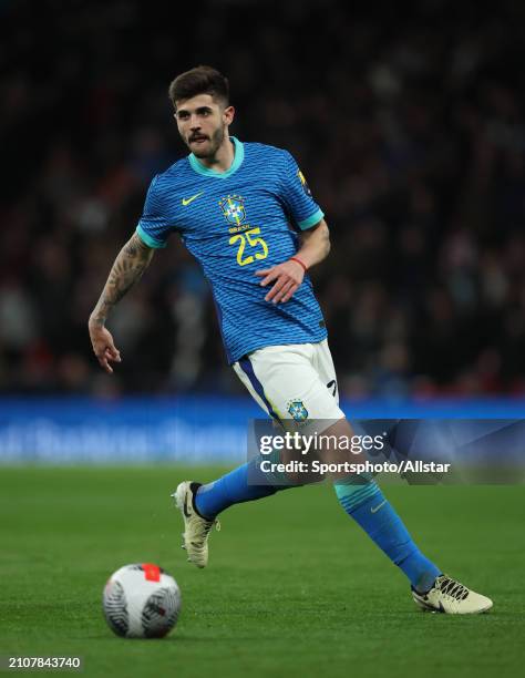 Lucas Beraldo of Brazil on the ball during the international friendly match between England and Brazil at Wembley Stadium on March 23, 2024 in...