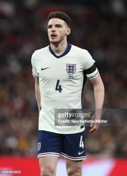Declan Rice of England in action during the international friendly match between England and Brazil at Wembley Stadium on March 23, 2024 in London,...