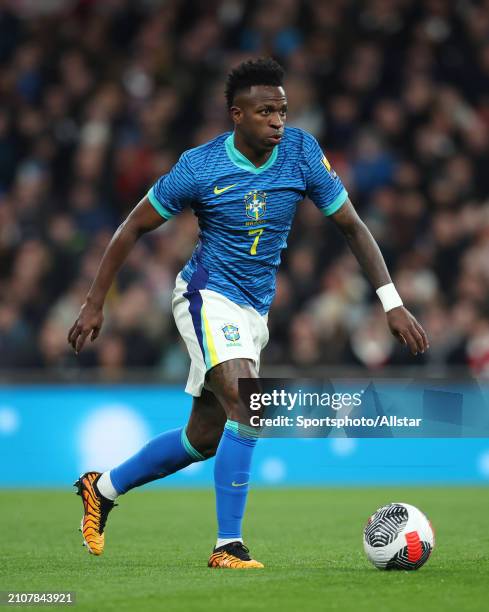 Vinicius Junior of Brazil on the ball during the international friendly match between England and Brazil at Wembley Stadium on March 23, 2024 in...