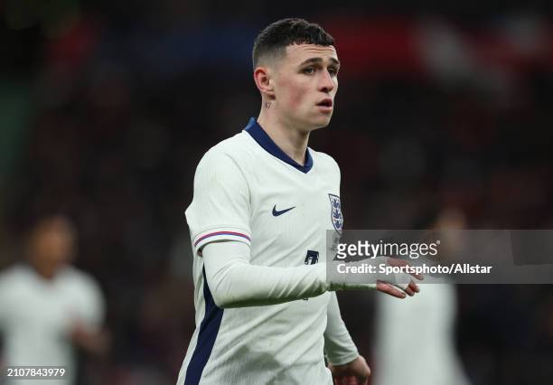Phil Foden of England in action during the international friendly match between England and Brazil at Wembley Stadium on March 23, 2024 in London,...