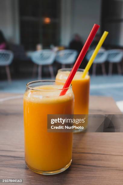 Glass of fresh orange juice is sitting in Larissa, Greece, on March 26, 2024.