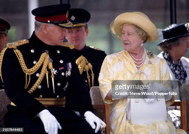 The Queen Mother visiting Keogh Barracks in Aldershot, England in June 1987.
