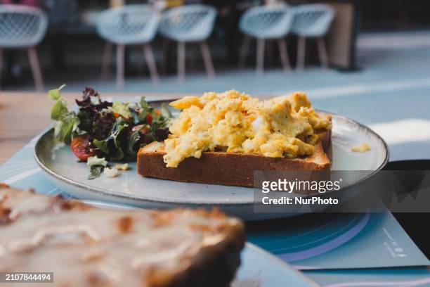 Plate of scrambled eggs is being served in Larissa, Greece, on March 26, 2024.