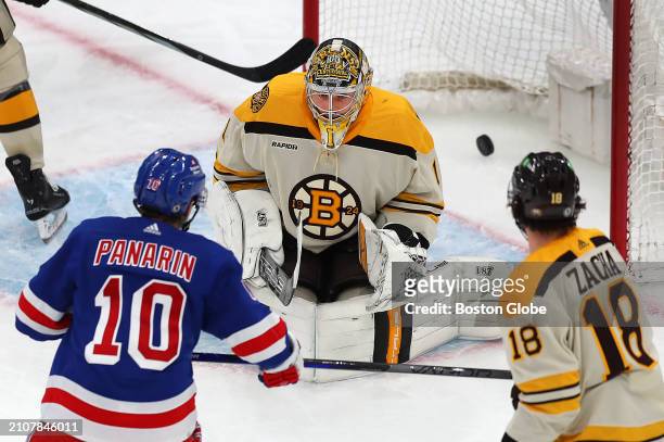 Boston, MA New York Rangers left wing Artemi Panarin gets his shot past Boston Bruins goaltender Jeremy Swayman in the second period. The Bruins lost...