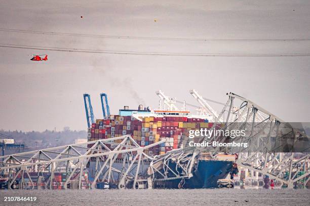 The Dali container vessel after striking the Francis Scott Key Bridge that collapsed into the Patapsco River in Baltimore, Maryland, US, on Tuesday,...