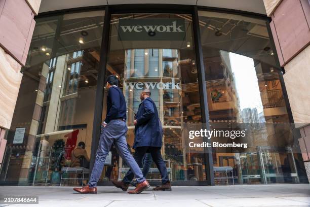 The entrance and reception at a WeWork office space in the City of London, UK, on Tuesday, March 26, 2024. Adam Neumann and several partners...