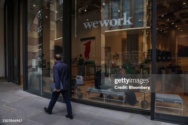 The entrance and reception at a WeWork office space in the City of London, UK, on Tuesday, March 26, 2024. Adam Neumann and several partners...